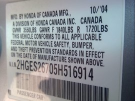 2005 HONDA CIVIC, SILVER, EX MODEL, 1.7L, V-TEC,   A25166